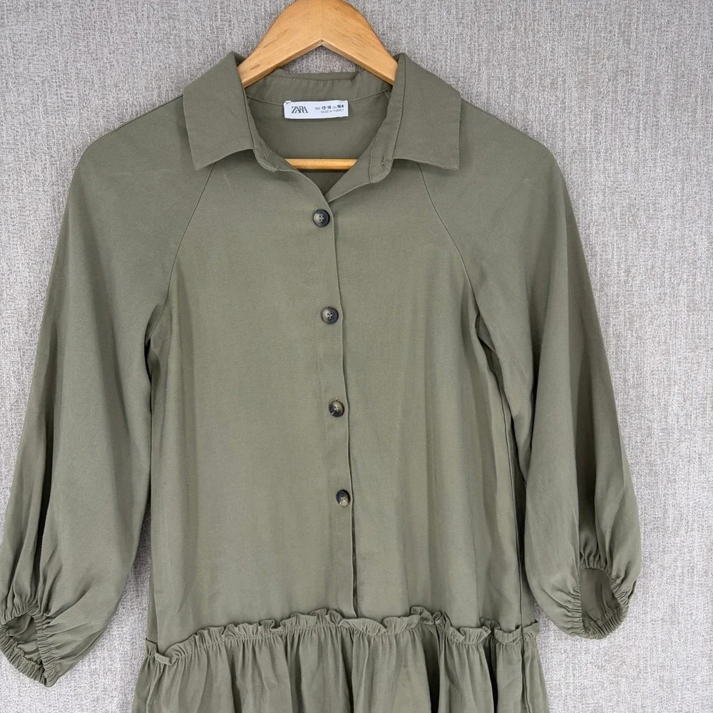 Zara Drop Waist Ruffle Hem Shirt Dress Girls 13-14 Olive Green Long Sleeve